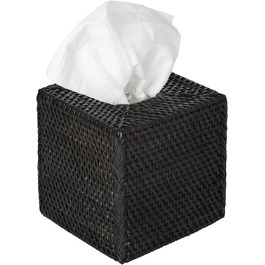 Loma Tissue Box Cover, Square, Rattan, Black