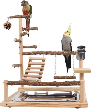 Canary Play Stand Bird Play Stand with Feeder Cup Toy Ladder Climbing Swing and Tray for Budgies, Cockatiels, Parrots, Wood, Size 45x37x26 cm #A