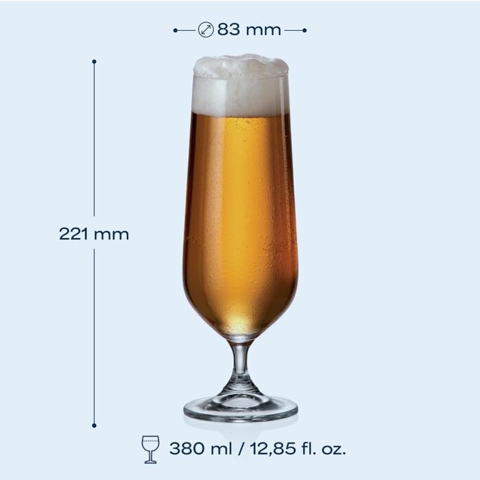 Кришталеві келихи Crystal Bohemia - набір 6 шт, об'єм 200 мл, стійкі до миття в посудомийній машині, елегантні, стійкі до подряпин - класичні келихи для шампанського та просекко, ідеальні для вечірок та як подарунок (Beer 380ml)