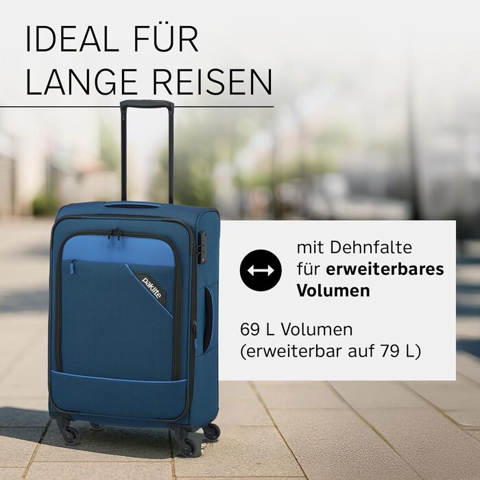 Валіза ручної поклажі Paklite Derby 55 см, 41 л, 4 колеса, з TSA замком та функцією розширення, блакитна