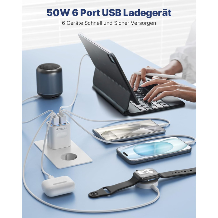 Зарядний пристрій USB 6-портовий, 33W, адаптер з QC 3.0, багатопортовий зарядний пристрій, мережевий адаптер для iPhone 16 15 14 13 12 11 Pro Max, iPad, мобільний телефон, білий