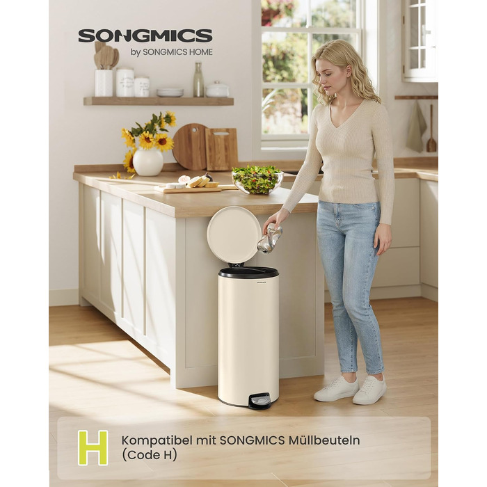 Сміттєвий кошик для кухні SONGMICS з кришкою та системою Soft-Close, бежевий, 30 л
