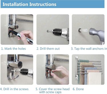 Кріплення для рушників JSVER з нержавіючої сталі, 180° поворот, 6 кріплень, з гачками, для ванної, кухні та гардеробу