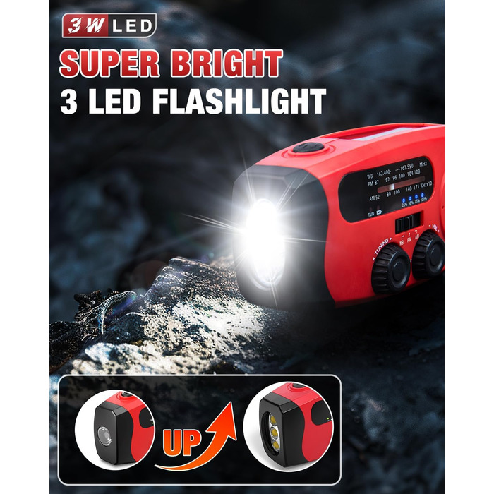 Радіо-пристрій на ручному валу Emgykit для надзвичайних ситуацій з сонячною батареєю та 3 LED-ліхтариками, 2000mAh, AM/FM/NOAA, SOS-функція, для кемпінгу, червоний