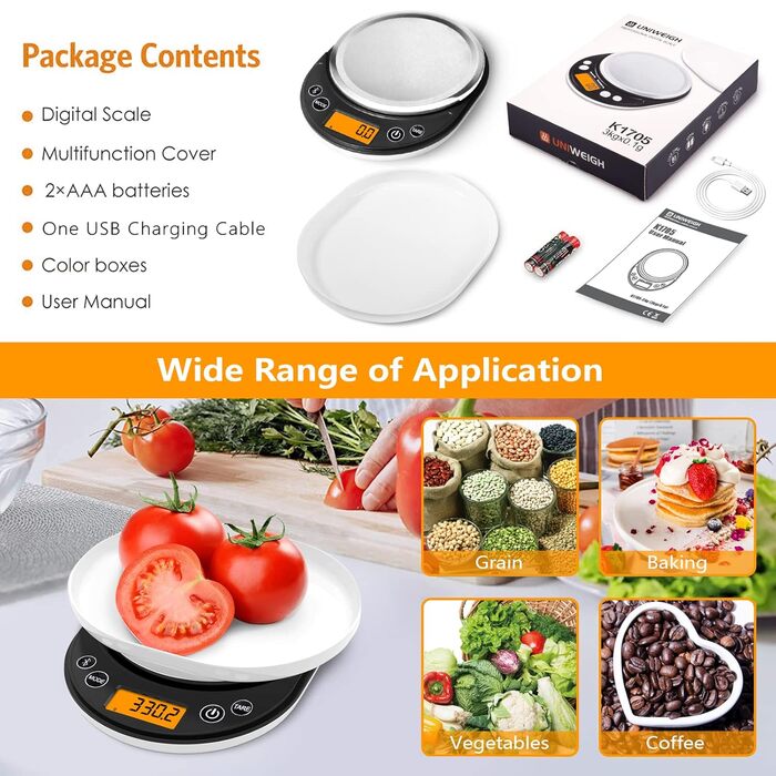 Електронна кухонна вага UNIWEIGH 6.6lb/3kg з USB-кабелем: для випічки, дієти та приготування їжі