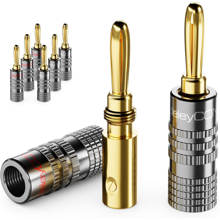 Набір бананових конекторів DeleyCON (8 шт.) – позолочені, гвинтові, для акустичних/динамічних кабелів, 0.75-4.5 мм, Hi-Fi аудіо, домашній кінотеатр, сірий