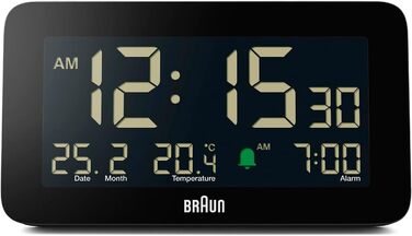 Braun Digital Alarm Clock with Date, Month, and Temperature Display, Negative LCD Display, Quick Set Function, and Gradual Alarm Sound in Black, Model BC10B.