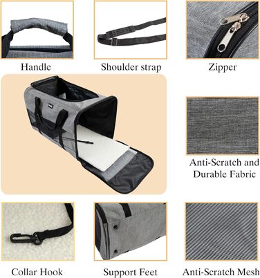 Транспортна сумка для котів та собак, дихаюча та складна, транспортна переноска з регульованим плечовим ременем, знімна плюшева матрацна подушка (Сірий, L)