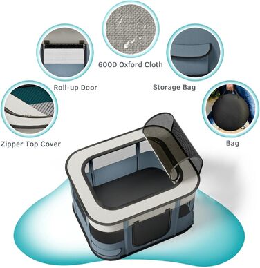 Portable Dog House Pet Pen 90x70x60cm Foldable Pet Playpen Rectangular Enclosure Kitten Cave Dog House Puppy Playpen Closed Pet Tent (Grey)