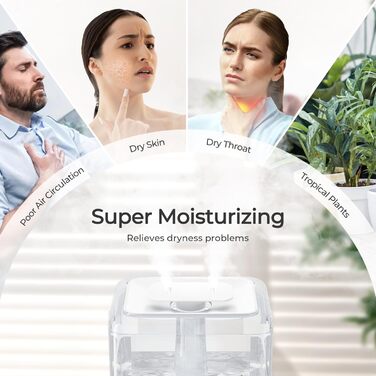 Зволожувач повітря CHIVALZ для великих приміщень, 6л з нічним світлом, поворотна 360° форсунка, 26дБ, 50год, аромадифузор для спальні, дитячої кімнати, рослин, дитини, білий, 1 шт + 2 виходи для пари