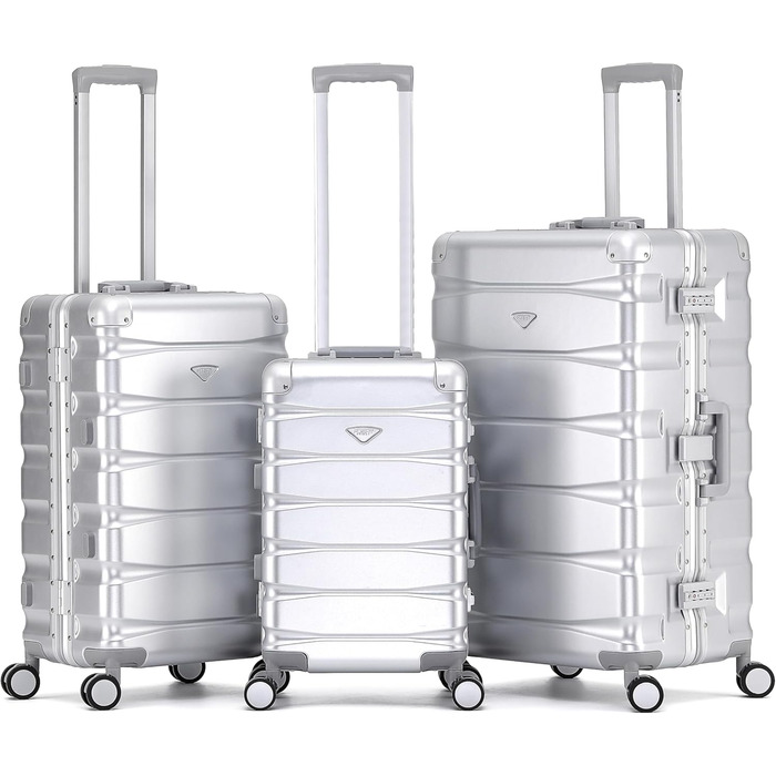 Набір валіз Flight Knight Premium: S (55x35x20cm), M (67cm), L (77cm) – алюмінієвий каркас, ABS, 8 коліс, захист від злому, ручна клада, для подорожей