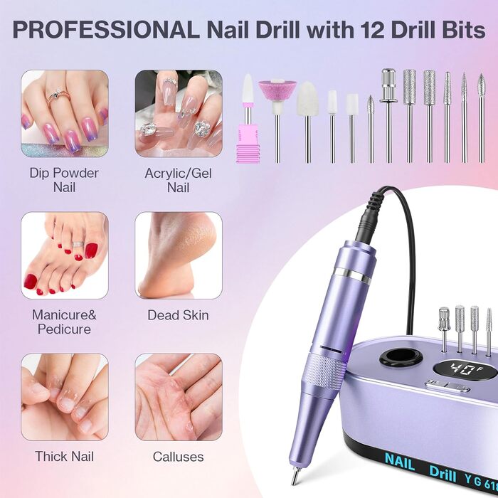 Електрична нігтьова фрезерна машинка для манікюру та педикюру, 40000 об/хв, LCD дисплей, професійний набір, фіолетовий