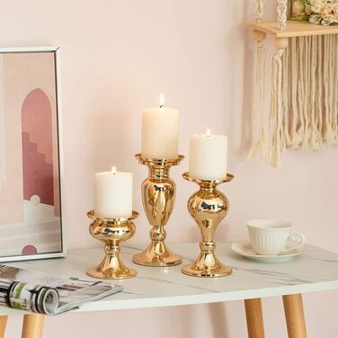 Sziqiqi Set of 3 Candle Holders, Black Vintage Candle Stand, Metal Candle Holders, Tealight Holders for Pillar Candles, Candle Holder Decoration for Wedding Party, Gold