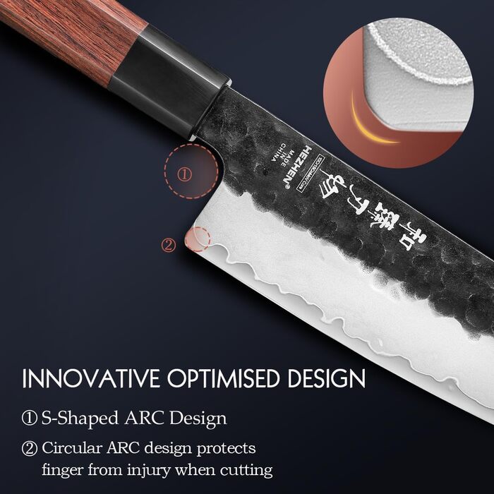 Японський ніж Santoku 18,5 см Hezhen, кухонний, з кованого сталі, з дерев'яною ручкою