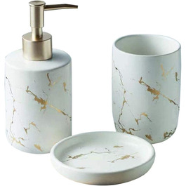 Набір аксесуарів для ванної кімнати FülleMore з кераміки, люкс, імітація мармуру, 3 шт. (мильниця, дозатор мила, стакан для зубної пасти, білий)