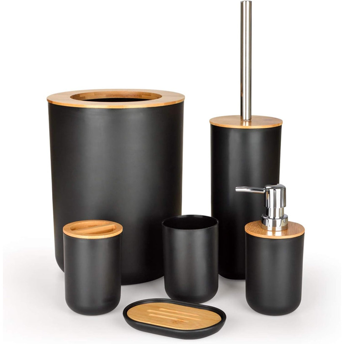 Bathroom Accessories Set - 6Pcs Bathroom Accessories Set made of Bamboo, Lotion Bottles, Toothbrush Holder, Tooth Cup, Soap Dish, Toilet Brush, Trash Can (Set of 6)