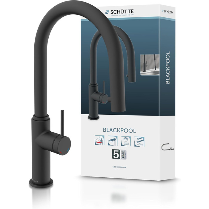 Кухонний змішувач SCHÜTTE 79562 Blackpool з висувною лійкою, поворотний на 360°, з однорідним змішувачем, чорний