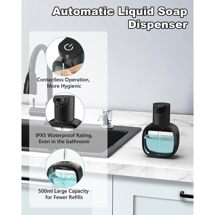 Автоматичний диспенсер для мила Dalugo з USB-C, настінний, 500 мл, електричний, сенсорний, регульований, чорний, для кухні та ванної кімнати
