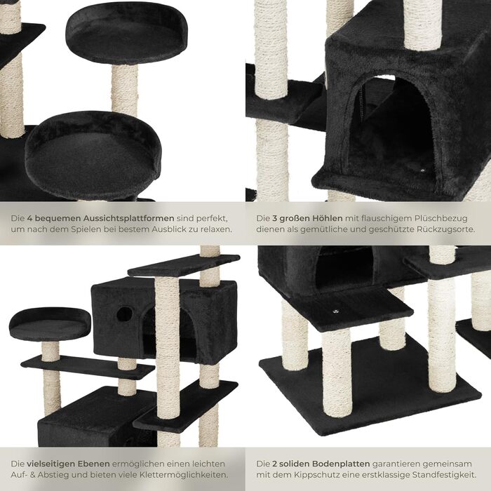 Тектейк® Кігтеточка для котів велика, кігтеточка з аксесуарами, XXL кігтеточка з 4 будиночками для котів, ігровий комплекс з кігтестолом, кігтевий стовп з сизалю, можливе кріплення до стіни - сірий (Чорний | № 403921)