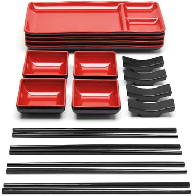 Японський набір суші на 16 осіб – 4 тарілки, 4 соусники, 4 пари паличок, 4 підставки – з меламіну (червоний)