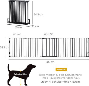 PawHut вольєр для цуценят 2-в-1, розкладний, 300x74.5 см, метал, чорний
