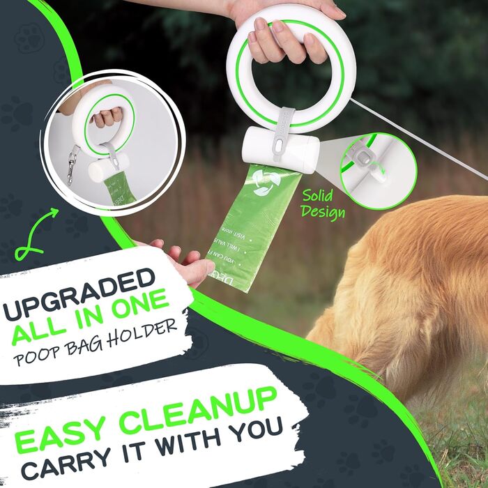 Висувна поводок для собак, ручне кріплення, 360°, без спутанності, 3 м, з тримачем для собачого посліду, для середніх та маленьких собак (чорний/зелений)