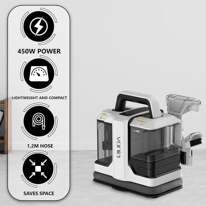 Мийний пилосос Vonia для килимів та м'яких меблів – потужний 450W, сила всмоктування 11 kPa, 2 насадки, шланг 1,2 м – ідеально для авто, диванів, килимів та м'яких меблів (білий)