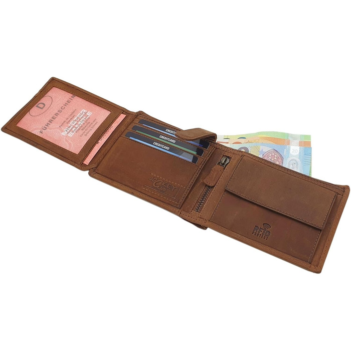 myledershop Genuine Buffalo Leather Wallet/Bifold Wallet/Card Holder/Money Bag in Portrait or Landscape Format with Wolf Design and RFID & NFC Protection (Model 2 / Landscape/Cognac)