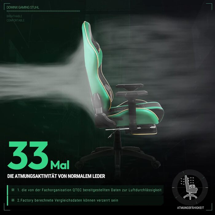 Ігровий крісло Dowinx з підлокітниками 4D та підніжкою - ергономічний геймерський стілець, 150 кг (зелений)