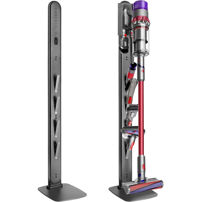 Стійка для пилососів Dyson G5, V15, V12, V11, V10, V8, V7, V6, металева, з 4 гачками та 4 полицями, без свердління, стабільна, підлогова, приховане кріплення кабелю (Темно-сірий)