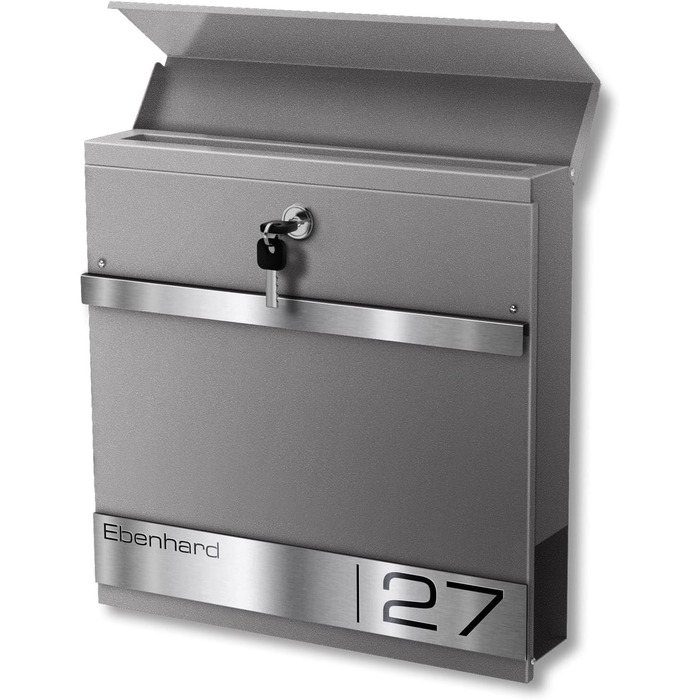 Поштова скринька Metzler Premium з газетницею Anthrazit, персоналізована з табличкою для імені, високоякісна настінна з нержавіючої сталі V2A з порошковим покриттям RAL 7016, модель Stencil (сірий алюміній)