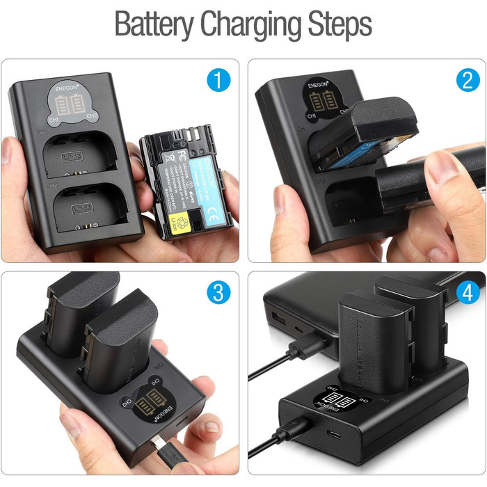 Зарядний пристрій ENEGON LP-E6/LP-E6N 20W з двома акумуляторами (2x3000mAh) для Canon EOS 5D, 6D, 7D, 60D, 70D, 80D, 90D, XC10, XC15. Комплект: 2 акумулятори LP-E6 3000mAh + зарядний пристрій 20W з LCD-дисплеєм