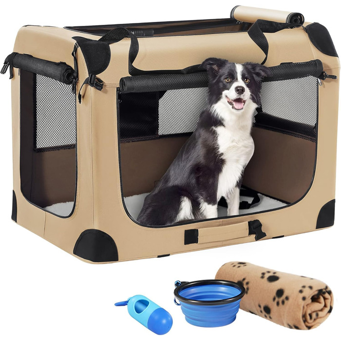 Транспортний бокс для тварин Petprsco з м'якими стінками, 3-дверний, складний, з ременями, для котів та собак, 81x58x58 см, бежевий