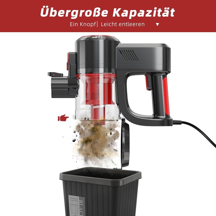 Yikko 3-в-1, пилосос 60KPa з потужним кабелем, електрична підміталка з гнучким шлангом, пилосос з LED-підсвічуванням, ідеально підходить для килимів/підлоги/волосся (Червоний-60)