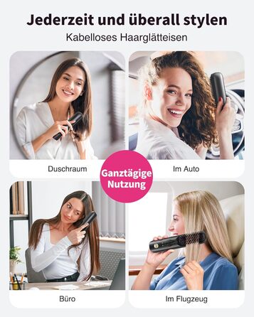 Bopcal Міні випрямляч для волосся - щітка-випрямляч, бездротова, 10000mAh, іонна технологія, професійний захист від опіків, швидкий нагрів, 6 температурних режимів, для подорожей, чорний