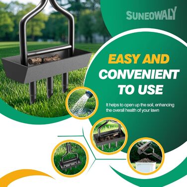 SUNEOWALY Lawn Aerator, Aerifier for Lawns, Hollow Spoon Lawn Aerator with Collection Basket, 3-Core Lawn Aerifier, Hollow Spoon Aerator, Hollow Tines for Compacted Soils and Lawns, Garden, Yard, Black