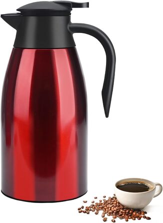 2 Liter Vacuum Insulated Flask, Stainless Steel Thermos, Large Opening, Thermos Keeps Drinks Hot for 12 Hours, Ideal as a Coffee Pot or Tea Pot, Pot for 12 Cups (Red)