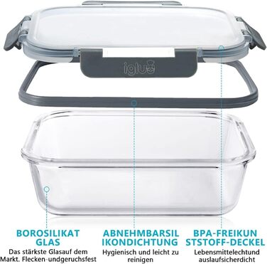 Набір контейнерів для їжі Igluu Meal Prep (5 шт.) – 1050 мл, Borosilikatglas, BPA-free, для мікрохвильовки, духовки, морозильника, посудомийної машини, витікання неможливе