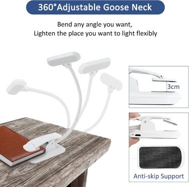 LED лампа для читання з кліпсою, USB, 9 світлодіодів, 3 режими температури кольору (теплий/холодний/природний), регульована яскравість, 1.8W, для читання в ліжку, комп'ютер