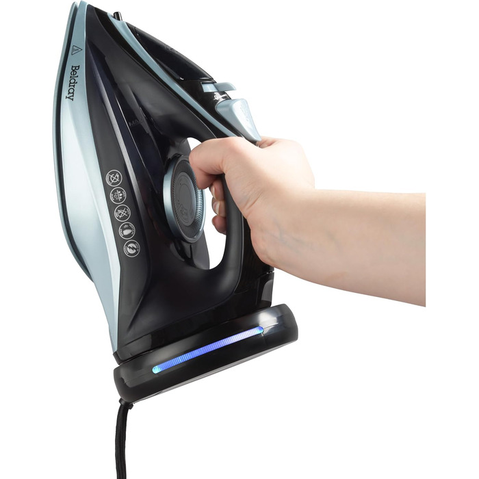 Праска Beldray 2600 Вт – керамічна підошва з антипригарним покриттям, регулювання температури та пари, самоочищення, резервуар 280 мл, до 140 г/хв, висока потужність (EU-штепсель, блакитний)