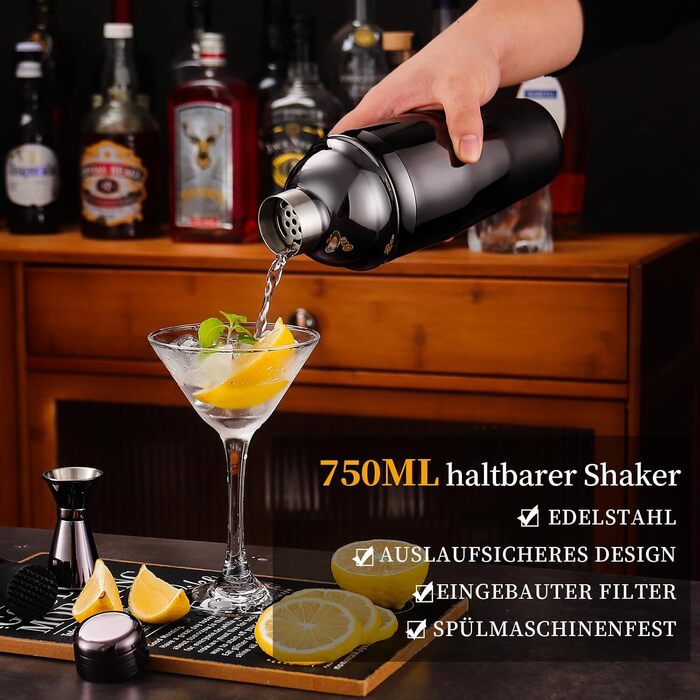 Набір шейкер для коктейлів Barkeeper Set, професійний набір барного інвентарю з нержавіючої сталі, чорний