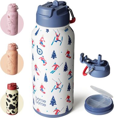 BOTTLE BOTTLE Stainless Steel Drinking Bottle 1L with Straw – Leak-Proof Insulated Bottle for Sports & Gym, with Pill Compartment, BPA-Free, Double-Walled (Skiing)