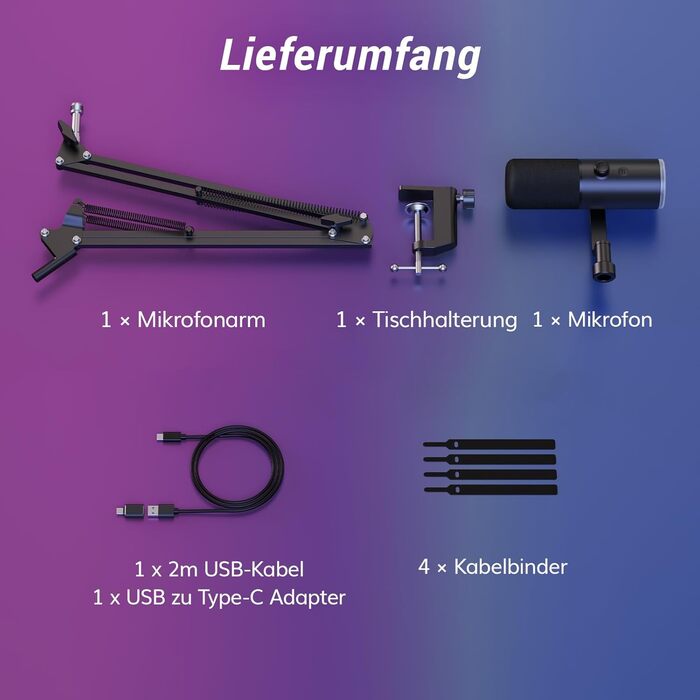 Професійний USB/XLR мікрофон TONOR TD510 AIR S+H для стрімінгу та подкастів з AI шумозаглушенням, RGB підсвіткою, кріпленням-пантографом, чорний