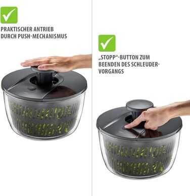 GEFU Салатоотжим - 5 л, з механізмом Push, вбудований виливний носик, кнопка зупинки, неслизький, придатний для миття в посудомийній машині (Чорний/Прозорий)