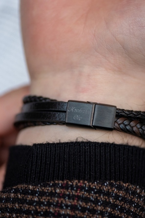 Чоловічий шкіряний браслет LUXMEN, чорний, регульований, з гравіюванням, 21 см