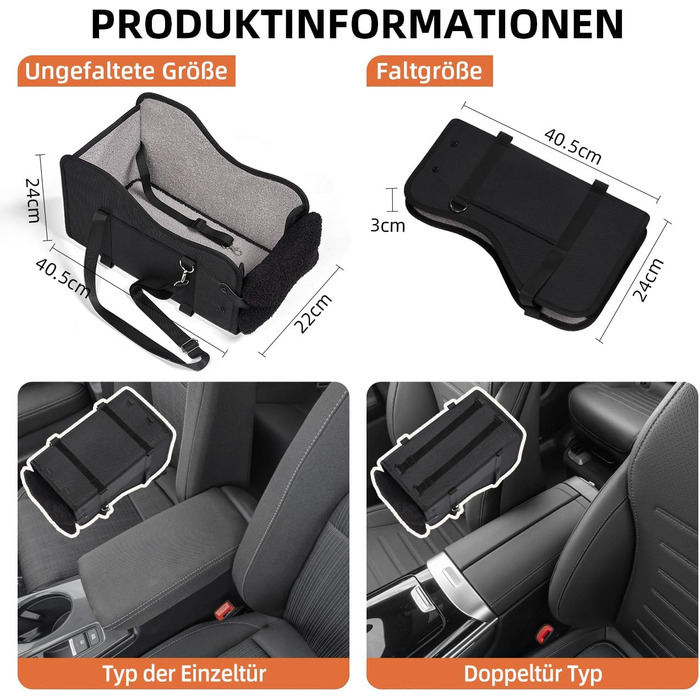 Автокрісло для собак та котів GGW | Безпечне автокрісло для маленьких собак та котів з подвійним кріпленням, водонепроникне, з бічними кишенями та швидкою установкою (сумісне з 99% підлокітників) (Чорний, стандартний стиль)