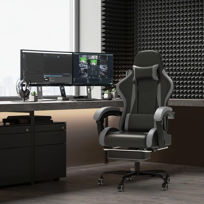 Devoko Massage Gaming Chair, Computer Office Chair with Footrest, Racing Gamer Chair 150kg Weight Capacity, 90-135° Adjustable Backrest, 360° Swivel, Gray