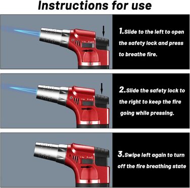 Фламбер (кухонний пальник) Royouzi з блокуванням безпеки, регульований, наповнюваний. Підходить для крем-брюле, грилю, приготування їжі, кемпінгу (червоний)