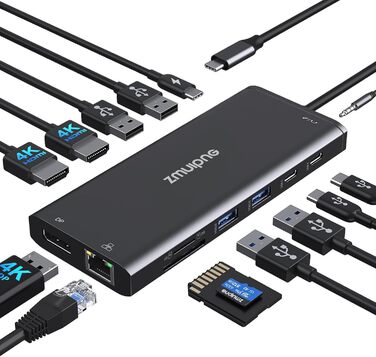 Док-станція USB-C з підтримкою двох моніторів та трьох дисплеїв, 14 в 1 для ноутбуків Dell, HP, Lenovo та інших, з 2x 4K HDMI, DisplayPort, Ethernet, 4x USB, 100W PD, USB-C Data, SD/TF, Audio/Mic (Чорний)
