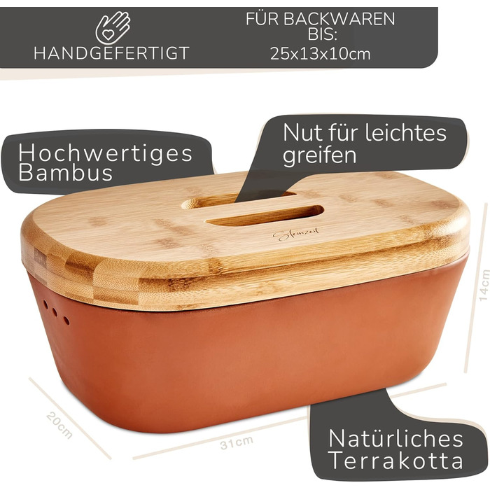 Bread Box - Bread Container made of breathable clay – Ceramic bread box with elegant bamboo lid – Bread pot for space-saving storage